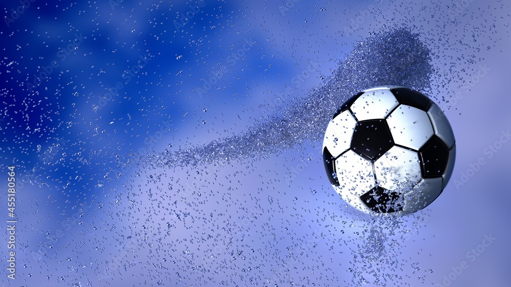 Naklejka premium Soccer Ball with Diamond Water Particles under Blue Sky Lighting Background. 3D illustration. 3D high quality rendering. 3D CG.