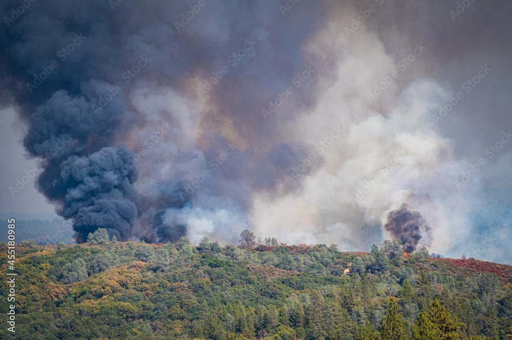 Photo of flames and smoke from the Foresthill Fire, located in the Sierra Nevada foothills, California, near Auburn.