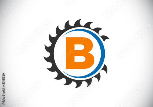 Initial B monogram alphabet with the saw blade. Carpentry, woodworking logo design. Font emblem. Modern vector logo for sawmill business and company identity