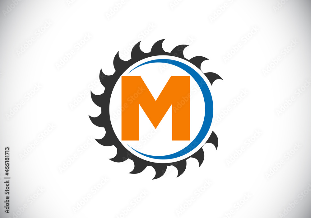 Initial M monogram alphabet with the saw blade. Carpentry, woodworking logo design. Font emblem. Modern vector logo for sawmill business and company identity Initial M monogram alphabet with the saw blade. Carpentry, woodworking logo design. Font emblem. Modern vector logo for sawmill business and company identity