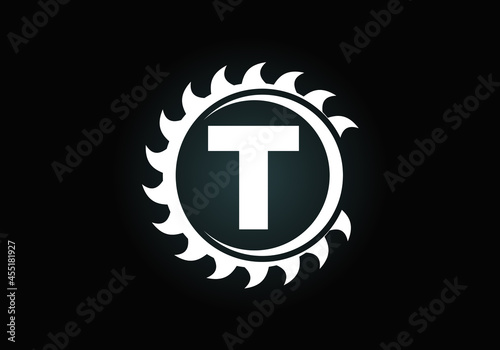Initial T monogram alphabet with the saw blade. Carpentry, woodworking logo design. Font emblem. Modern vector logo for sawmill business and company identity
