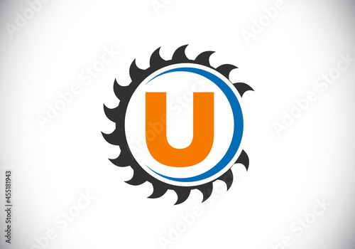 Initial U monogram alphabet with the saw blade. Carpentry, woodworking logo design. Font emblem. Modern vector logo for sawmill business and company identity
