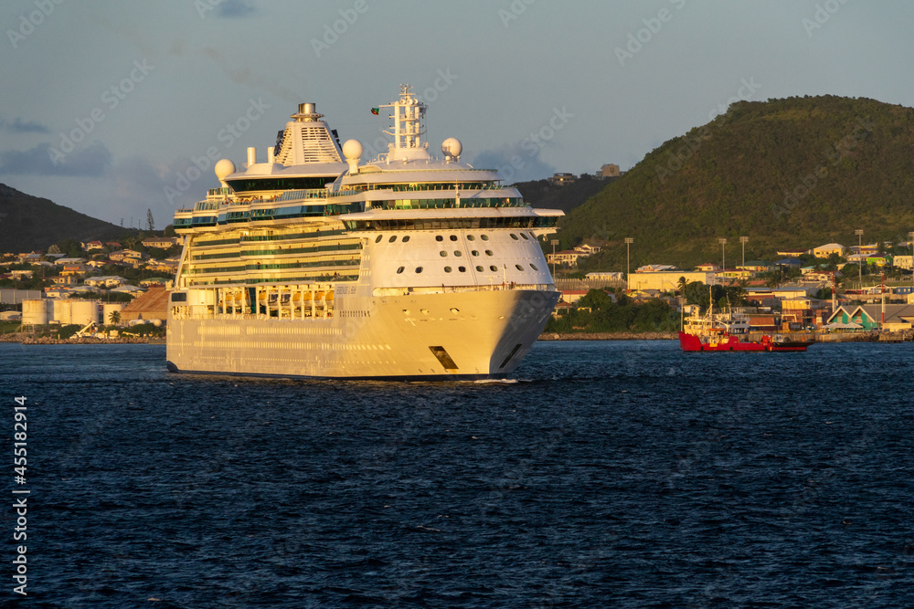 Cruise ship pulling out to sea from a cruise destination.  Saint Kitts.