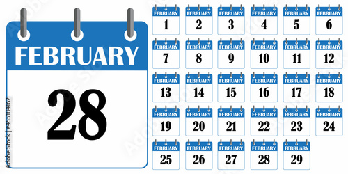 Blue calendar february icon. Winter season. Page of calendar. Schedule symbol. Vector illustration. Stock image.
