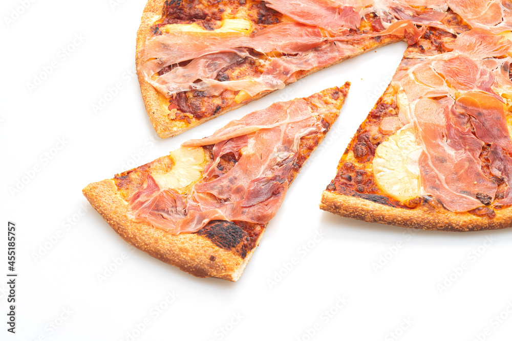 Pizza with prosciutto or parma ham pizza on white background Pizza with prosciutto or parma ham pizza on white background