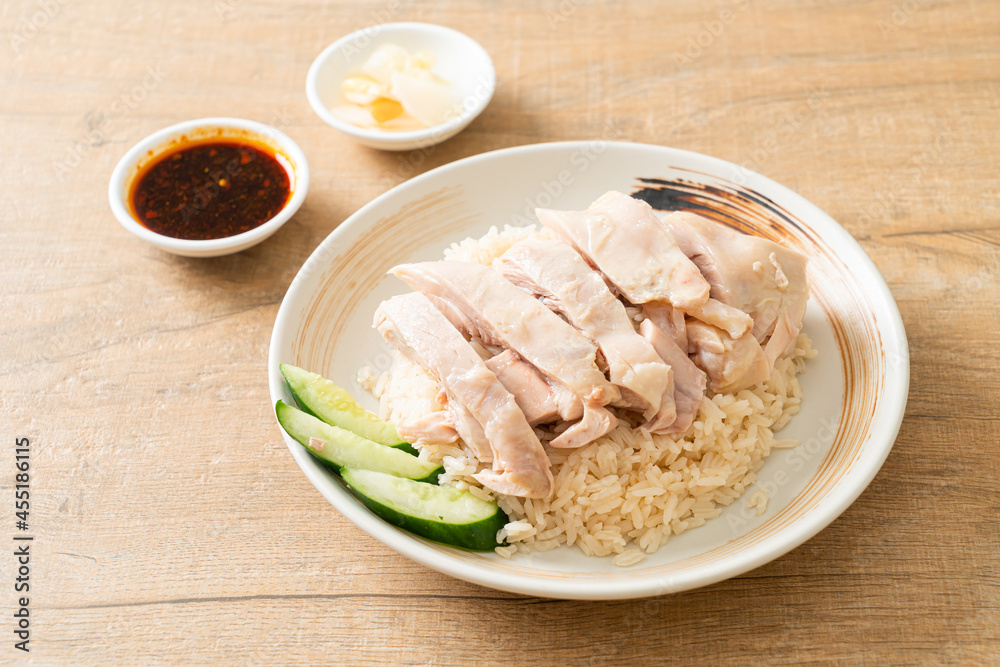 Hainanese chicken rice or rice steamed with chicken soup Hainanese chicken rice or rice steamed with chicken soup