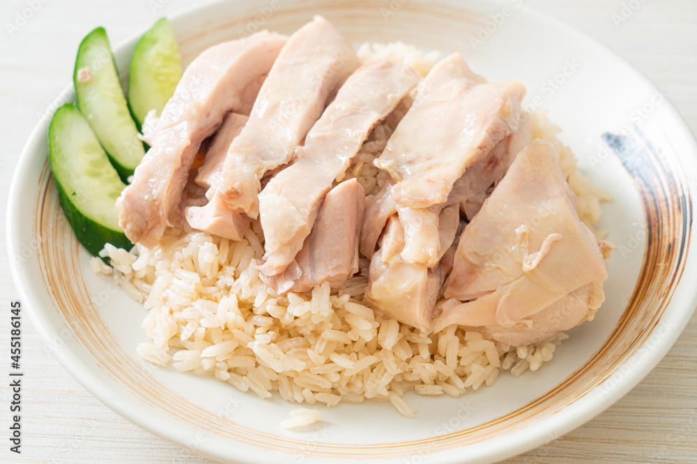 Hainanese chicken rice or rice steamed with chicken soup Hainanese chicken rice or rice steamed with chicken soup