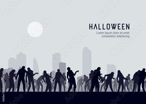 Halloween background. Spooky zombie crowd walking towards the town. Silhouettes illustration for Halloween