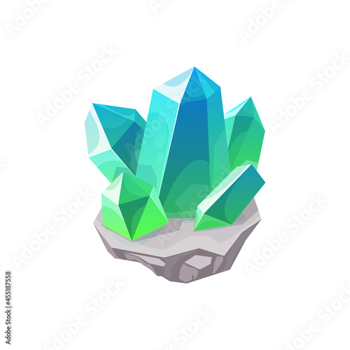 Crystal gem, gemstone or mineral stone and precious jewel, vector isolated icon. Diamond or quartz rock ice, game jewelry or glass rhinestone with blue and green emerald shine