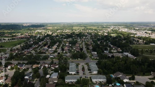 Aerial flyover suburban Neighborhood in Welland during sunny day,Canada photo