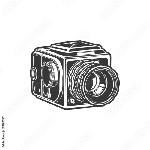 Photo-camera photography symbol isolated vintage cam with folding zoom lens or object-glass monochrome icon. Vector analog photocamera photo shooting device with lens screen, photographer instrument