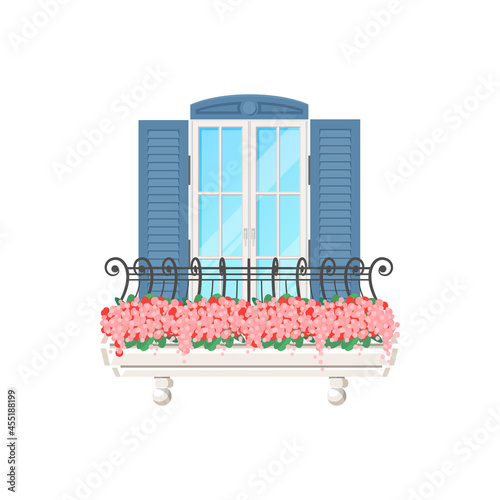 Balcony house with window, vintage facade building, vector flat apartments banister. Balcony with shutter blinds and porch of wrought lattice with flowers and glass door at terrace