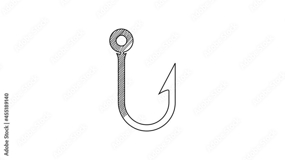 Black line Fishing hook icon isolated on white background. Fishing tackle. 4K Video motion graphic animation Black line Fishing hook icon isolated on white background. Fishing tackle. 4K Video motion graphic animation