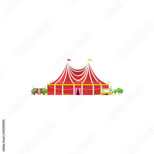 Chapito circus tent with striped roof and flag on top isolated building. Vector magic traveling cirque striped tent. Awning icon, facade of entertainment building, amusement fair, trees and trailers