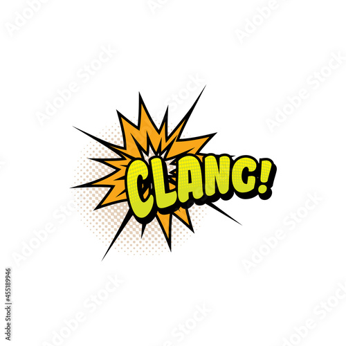 Clang comics pop art half tone bubble vector icon. Cartoon retro sound yellow cloud blast explosion with halftone pattern exclamation isolated sign