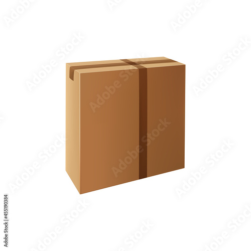 Closed carton packaging with sellotape isolate box icon. Vector packed cargo container to import or export, blank packaging to deliver goods. Horizontal narrow pack with adhesive tape, parcel mockup