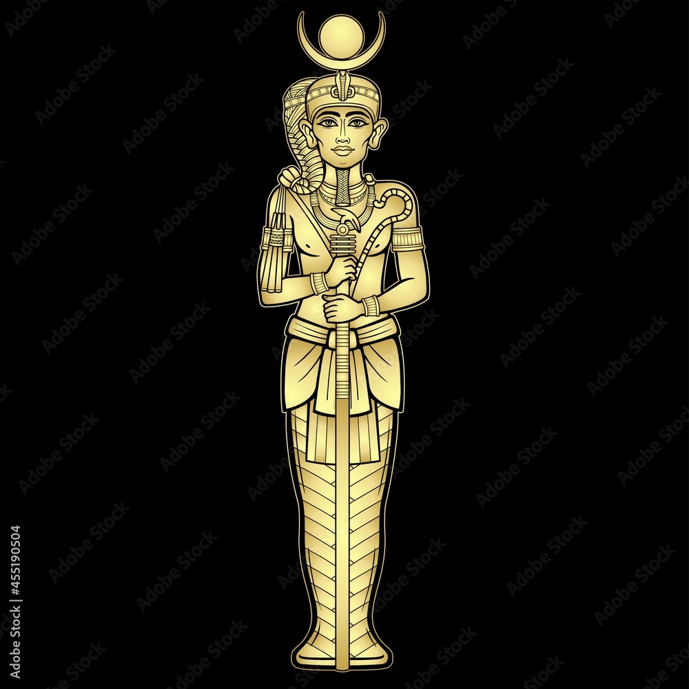 Fototapeta premium Animation portrait Egyptian God Honsu. God of the moon, of time, a young man a wanderer with a curl of youth. Vector illustration isolated on a black background. Imitation of gold.