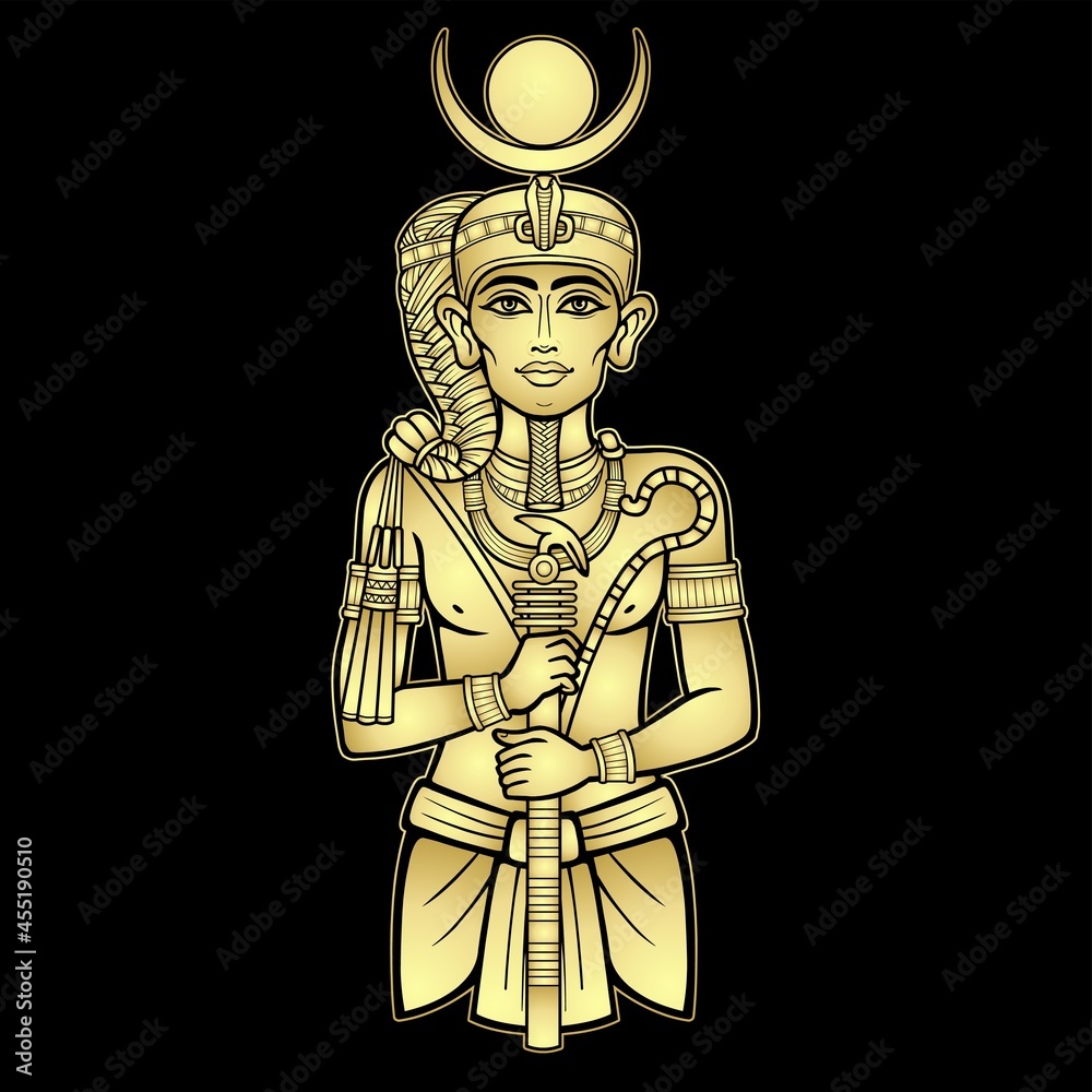 Fototapeta premium Animation color portrait Egyptian God Honsu. God of the moon, of time, a young man a wanderer with a curl of youth. Vector illustration isolated on a black background. Imitation of gold.