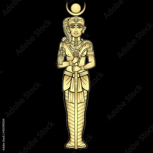 Animation  portrait  Egyptian God Honsu. God of the moon, of time, a young man a wanderer with a curl of youth. Vector illustration isolated on a black background. Imitation of gold.