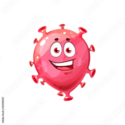Bacterial funny pathogen, microbiological coronavirus isolated icon. Vector biological monster happy emoticon. Smiling monster cartoon character. Microbe organism bacteria microorganism with eyes