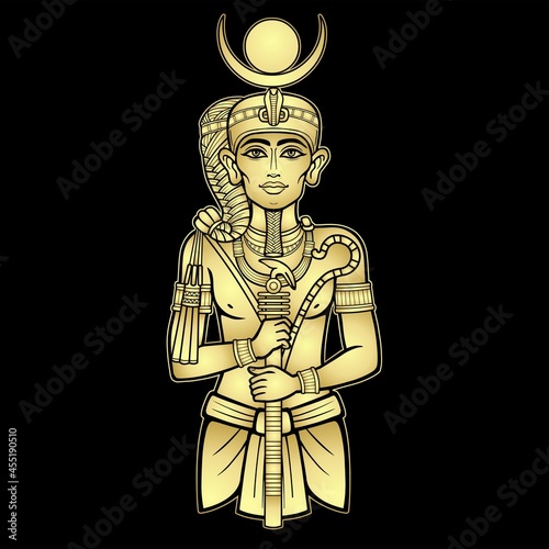 Animation color portrait  Egyptian God Honsu. God of the moon, of time, a young man a wanderer with a curl of youth. Vector illustration isolated on a black background. Imitation of gold.