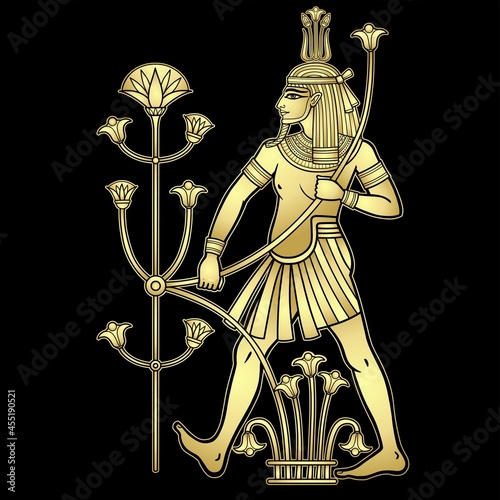 Animation portrait  Egyptian God Hapi holding a reed flower. God of fertility, of water, of  Nile River. Full growth. Vector illustration isolated on a black background. Imitation of gold.