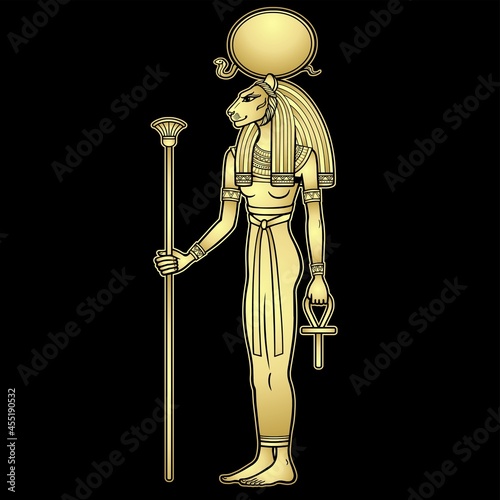 Animation portrait Ancient Egyptian goddess Sehmet (Tefnut) holds symbols of power: staff and cross. Sacred woman Lioness. Lord of Fire, Desert and War.Vector illustration isolated on a black