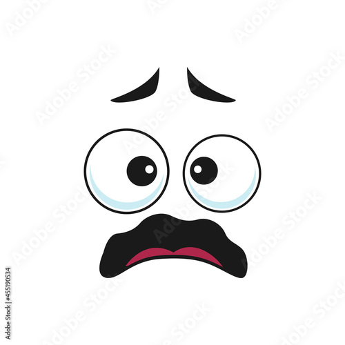 Cartoon face vector icon, frightened worry emoji, scared facial expression with wide open or goggle eyes and open tremble mouth. Fear or worry feelings isolated on white background
