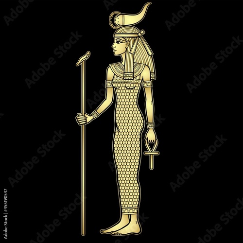 Animation portrait Ancient Egyptian goddess Selket holds symbols of power: staff and cross. Lord of the scorpions and the dead. Profile view. Vector illustration isolated on a black background. 