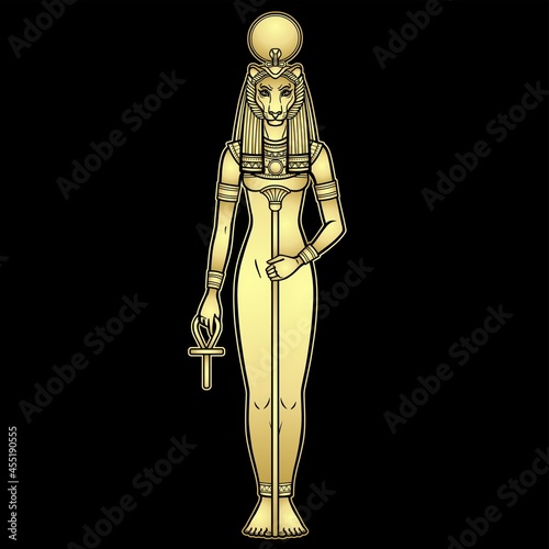 Animation portrait Ancient Egyptian goddess Sehmet (Tefnut) holds symbols of power: staff and cross. Sacred woman Lioness. Lord of Fire, Desert and War. Vector illustration isolated on a black. 