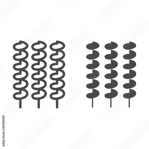 Street chips on a stick line and solid icon, street food concept, tornado potato skewers vector sign on white background, outline style icon for mobile concept and web design. Vector graphics.