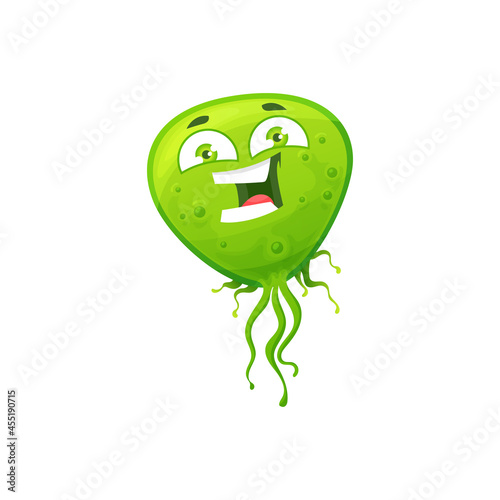 Cartoon virus cell vector icon, cute green bacteria, happy laughing germ character with funny face. Smiling pathogen microbe with big eyes, isolated micro organism symbol