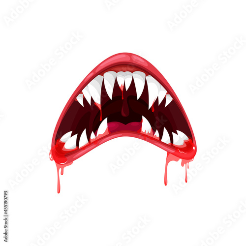 Monster mouth vector icon, creepy yelling alien beast jaws with sharp teeth and long tongue with dripping bloody saliva. Angry creature yell isolated on white background