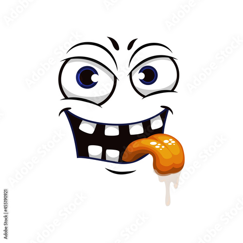 Cartoon face isolated vector icon, facial lustful emoji of funny creature, emotion toothy smile with round eyes and mouth with yellow tongue and dripping saliva