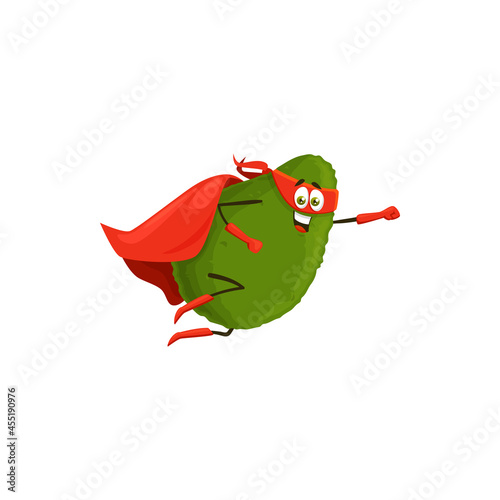 Cartoon avocado superhero isolated vector icon. Vegetable super hero personage in cape and mask flying with raised arm, funny fairytale character, healthy food, vitamin