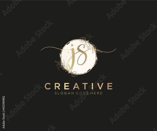 initial JS Feminine logo beauty monogram and elegant logo design, handwriting logo of initial signature, wedding, fashion, floral and botanical with creative template.