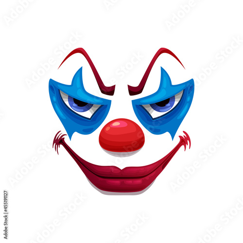 Creepy clown face vector icon, smiling funster mask with makeup, red nose, lips and angry eyes. Scary smiling Halloween character emoticon, isolated horror creature emoji