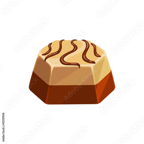 Chocolate candy, sweet dessert, vector choco candy made of dark and white chocolate layers with praline or liquor filling. Cocoa cartoon patisserie product of hexagon shape