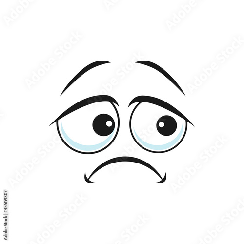 Unhappy suspicious emoji offended sorrow head looking isolated icon. Vector depressed sad upset emoticon character emoji. Bored smiley with big eyes, depressed emoticon in bad mood, line art