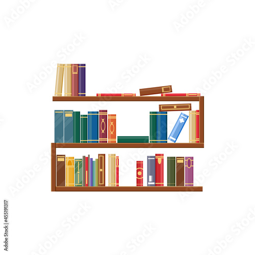 Bookcase, bookshelf with books, library shelves isolated icon. Vector piles of standing dictionaries, encyclopedias and retro literature. Library shelves, wooden bookshelves in bookstore or bookshop