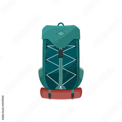 Backpack vector icon, camping or hiking rucksack, cartoon touristic green knapsack with lacing and mat. Sport or travel equipment isolated on white background, luggage sign