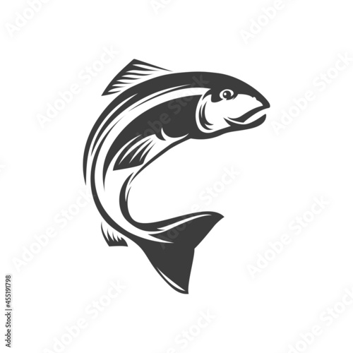 Salmon ray-finned underwater animal freshwater fish isolated monochrome icon. Vector seafood, marine food diet fish. Fishery mascot, trout fish grayling whitefish char fishing sport trophy