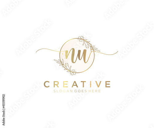 initial NU Feminine logo beauty monogram and elegant logo design, handwriting logo of initial signature, wedding, fashion, floral and botanical with creative template.