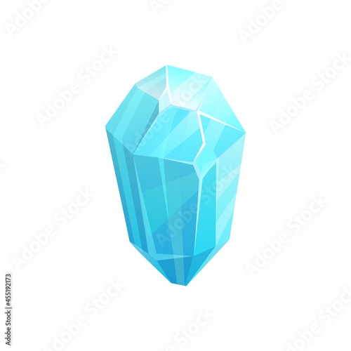 Crystal ice, gem or iceberg and snow block of frozen water, vector blue icon. Winter icicle or glass frost and glacier rock, ice crystal quartz gemstone with reflection, isolated jewel