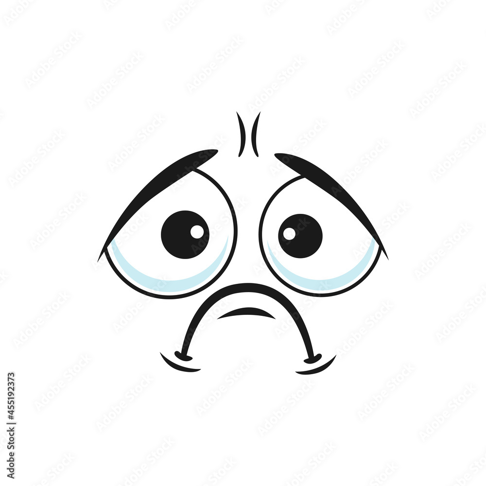 Upset emoticon with sad face expression isolated icon. Vector unhappy emoji with offended sorrow expression, sadness, mourning and grief. Bored sad smiley with depressed big eyes, mouth curved down Upset emoticon with sad face expression isolated icon. Vector unhappy emoji with offended sorrow expression, sadness, mourning and grief. Bored sad smiley with depressed big eyes, mouth curved down