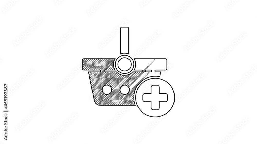 Black line Add to Shopping basket icon isolated on white background. Online buying concept. Delivery service. Supermarket basket symbol. 4K Video motion graphic animation Black line Add to Shopping basket icon isolated on white background. Online buying concept. Delivery service. Supermarket basket symbol. 4K Video motion graphic animation
