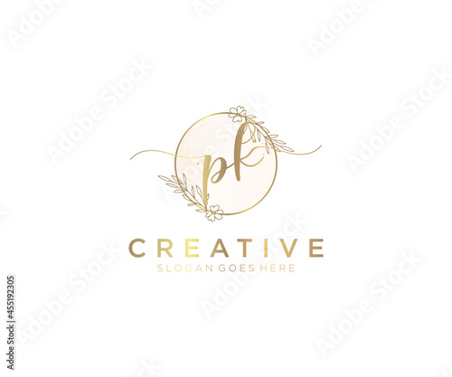 initial PK Feminine logo beauty monogram and elegant logo design, handwriting logo of initial signature, wedding, fashion, floral and botanical with creative template.