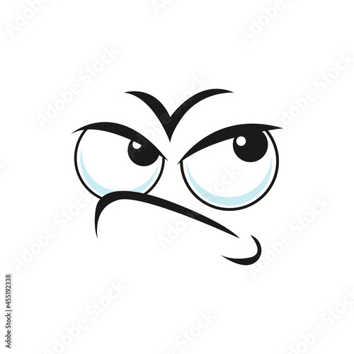 Suspicious emoticon with angry face isolated icon. Vector distrustful emoji with big eyes curved smile, doubtful or questioned smiley line art. Angry disbelief emoticon expression, distrusted sad mood