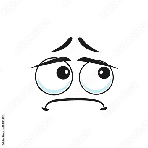 Depressed sad upset emoticon character emoji icon isolated. Vector bored smiley with big eyes, depressed character in bad mood. Unhappy suspicious emoji offended sorrow head looking aside