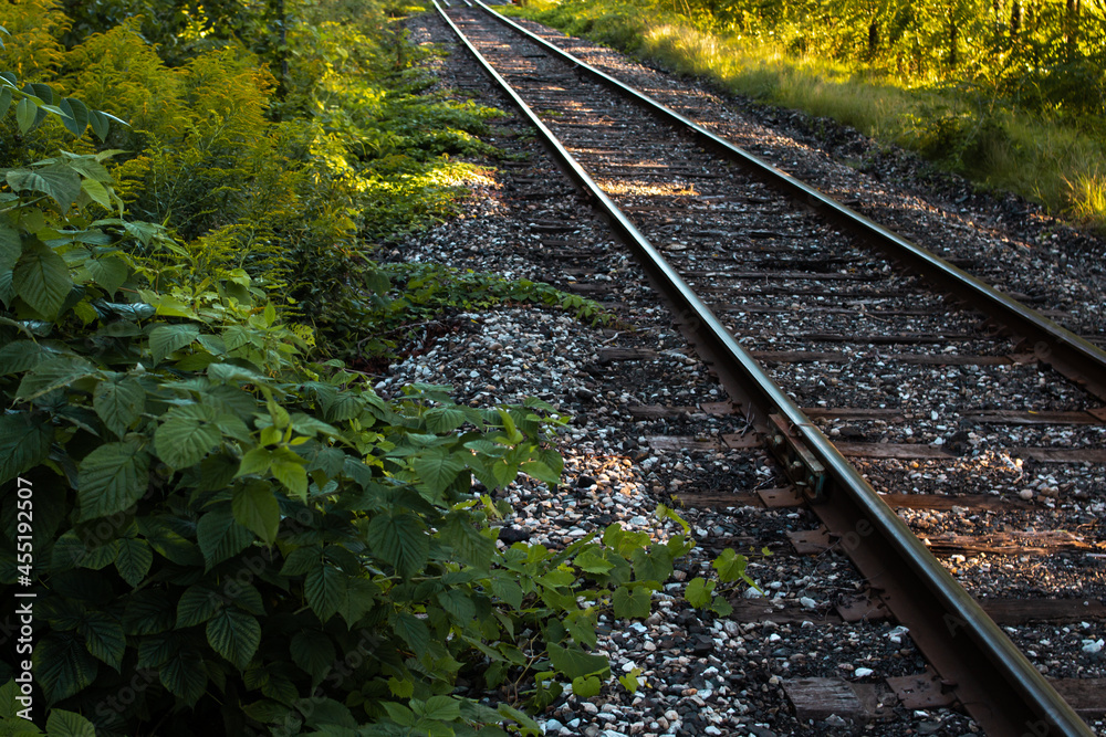 Obraz premium Railroad tracks at a train station in Saint Mary's, Ontario, Canada. Early morning, quiet, no people, waiting for the train, iron railway, golden hour, dawn, leading lines.